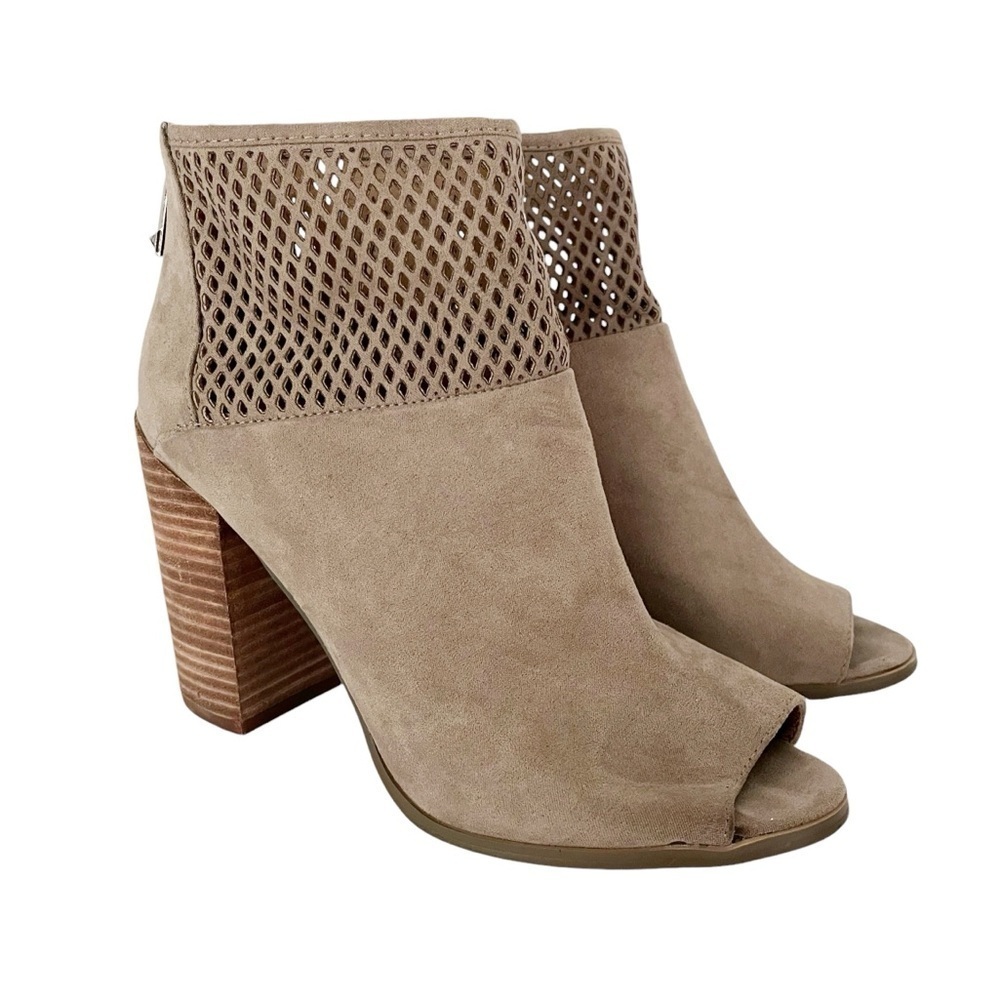 Report Barnack Ankle Booties Women's Size 8 Grey Tan Open Toe Laser Cut Heel Zip